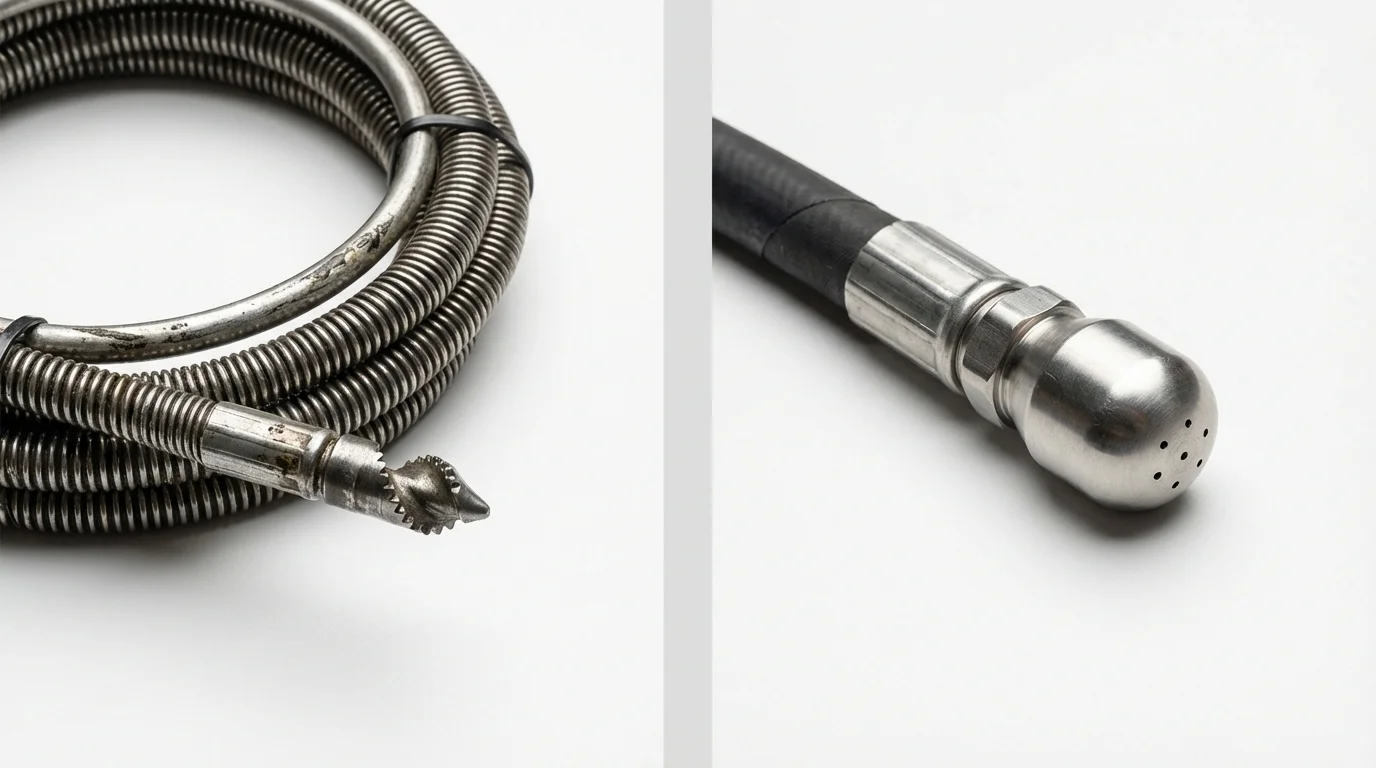 Drain snake cable and hydro jetting nozzle used for drain cleaning in Cicero, IN