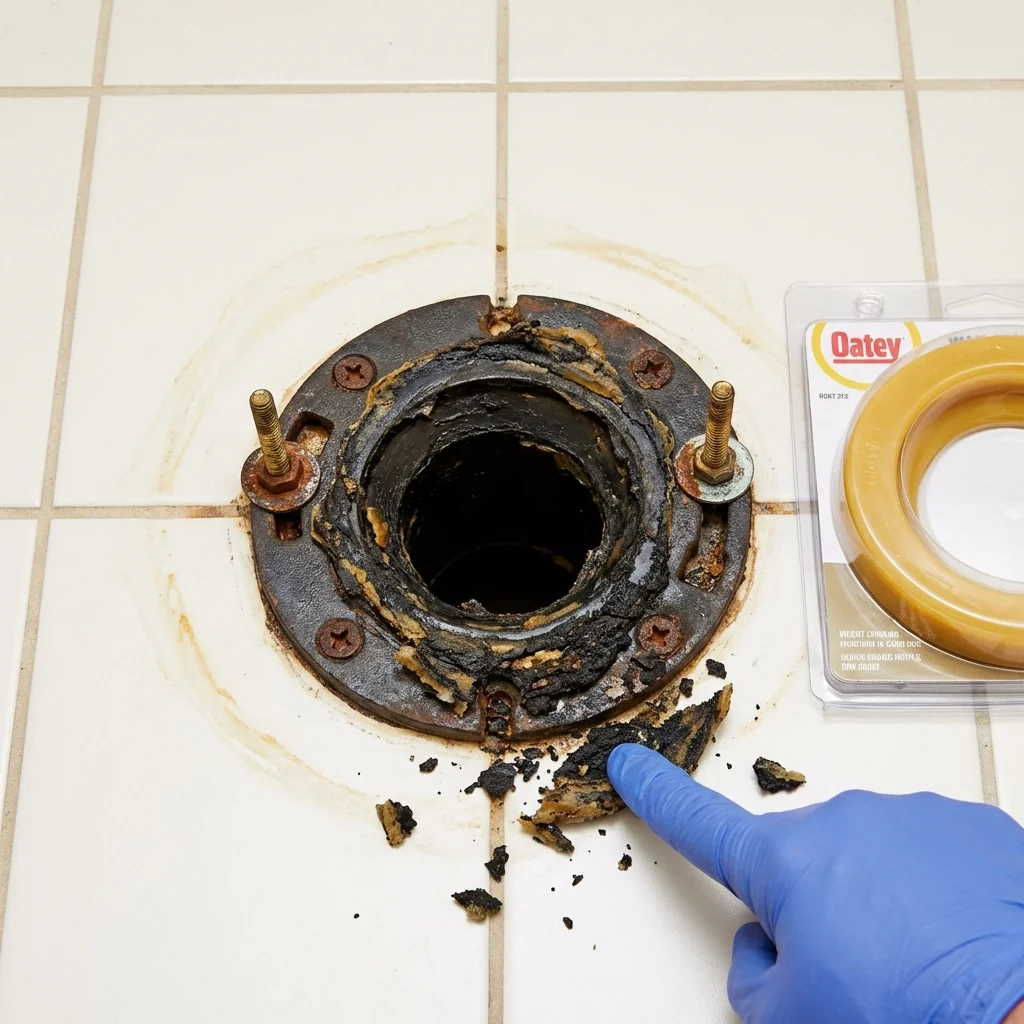 Failed wax ring showing water seepage at the base of a toilet in a Cicero, IN home