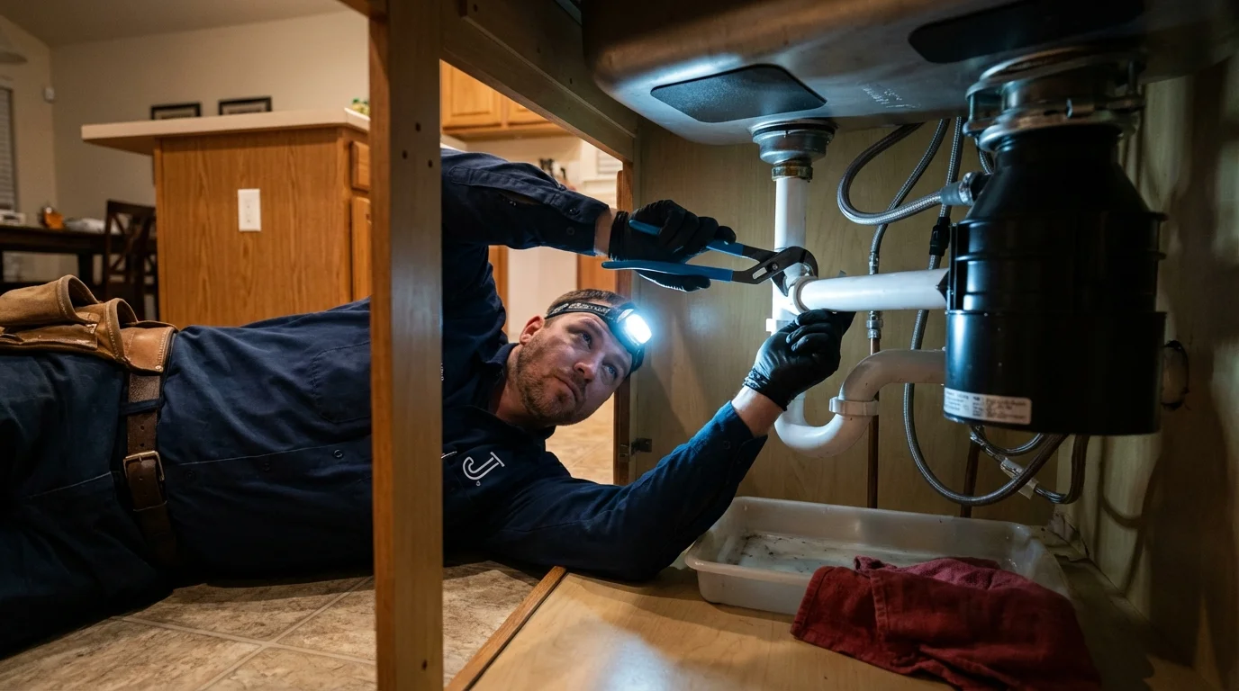 P-trap and supply line connections under a kitchen sink showing a common leak point in Cicero, IN